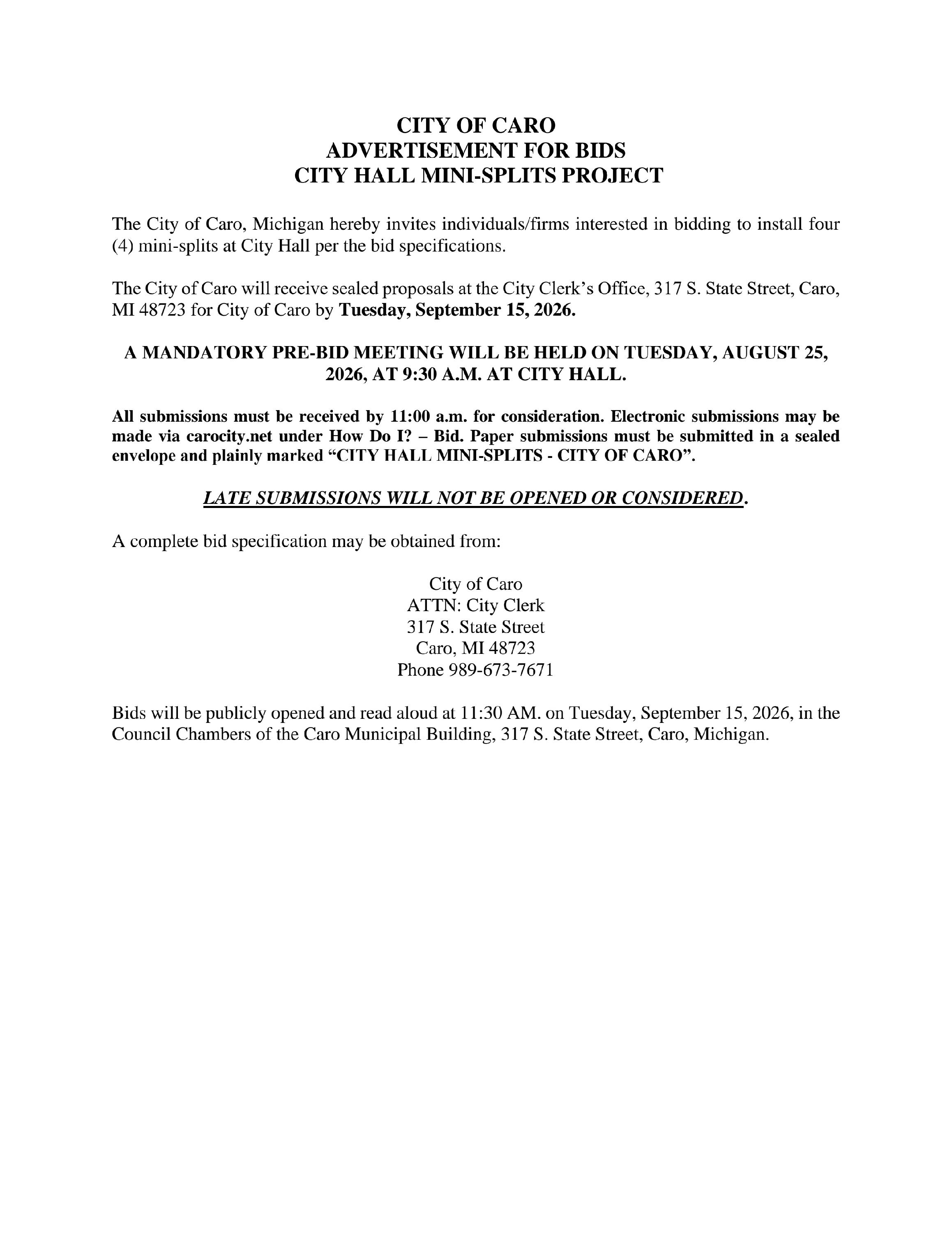 City Hall Mini Splits Bid Cover Page